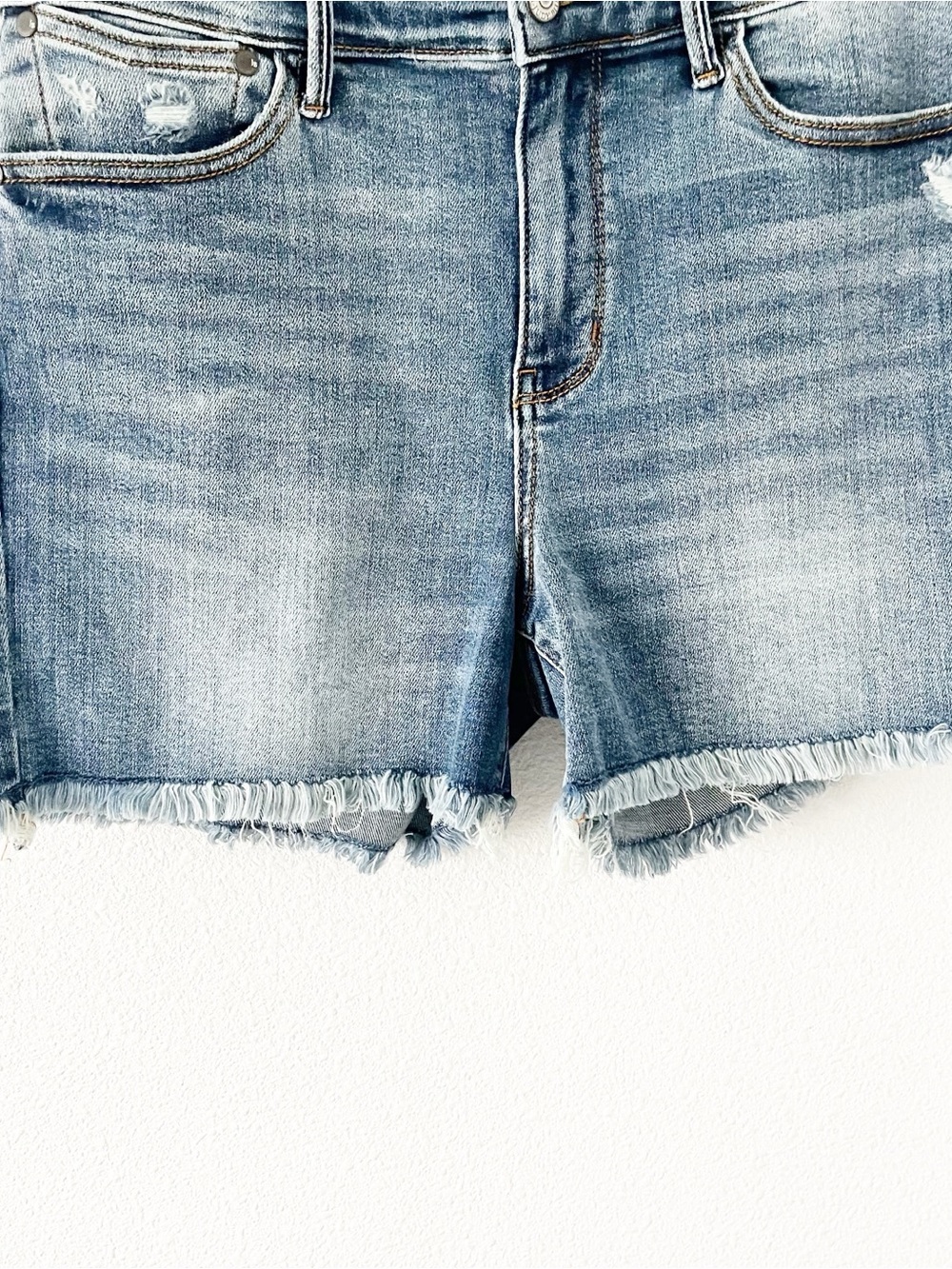 Judy Blue High Rise Frayed Hem Distressed Stretch Denim Jean Shorts - Picture 4 of 8